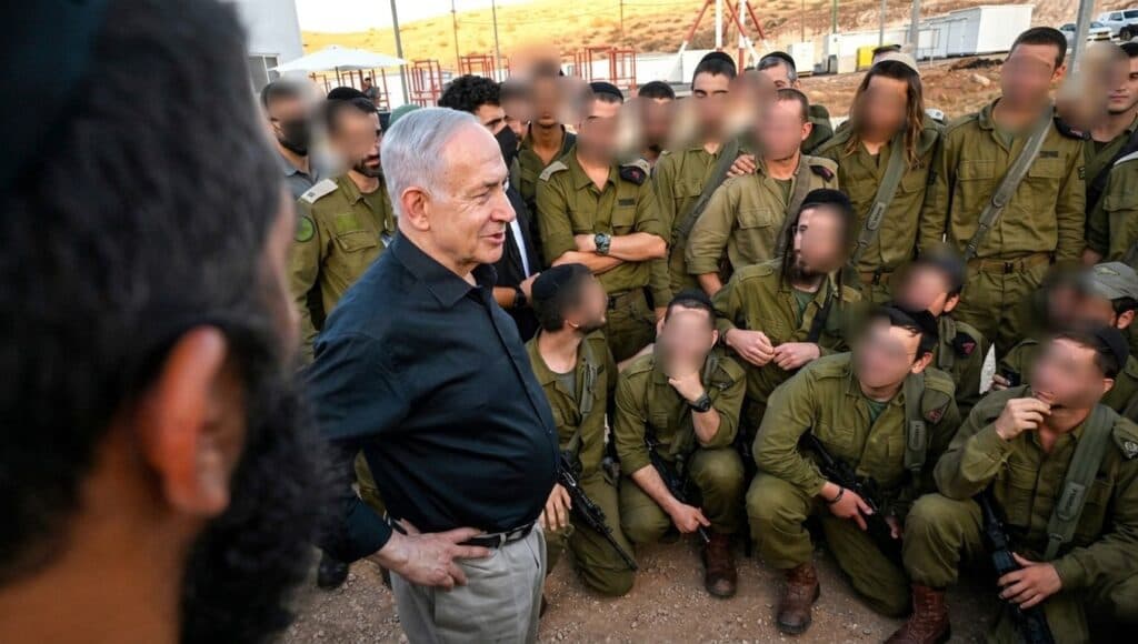 Prime Minister Benjamin Netanyahu speaks with soldiers from the Haredi Hashmonaim Brigade during a visit.
