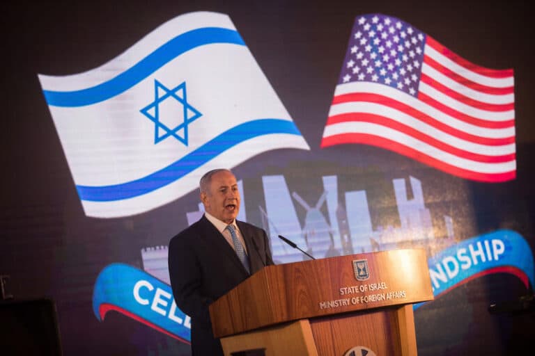 Prime Minister Benjamin Netanyahu speaks at the welcome ceremony for the US Embassy at the Foreign Ministry, ahead of the official opening of the American Embassy in Jerusalem, May 13, 2018.