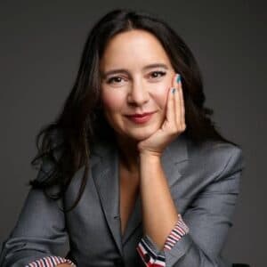 Bari Weiss looking toward the camera in a portrait photo.