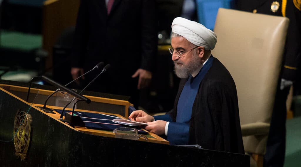 Former Iranian President Hassan Rouhani addresses the United Nations General Assembly.