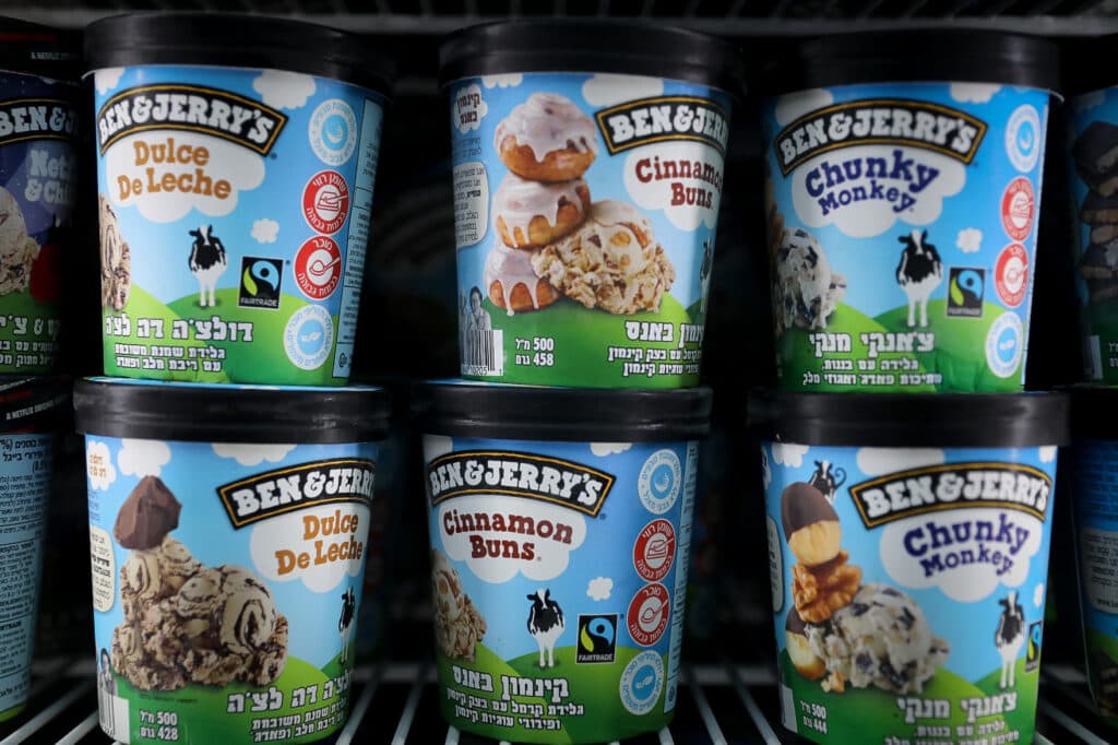 Ben & Jerry’s ice cream tubs on display in a shop freezer in Jerusalem.