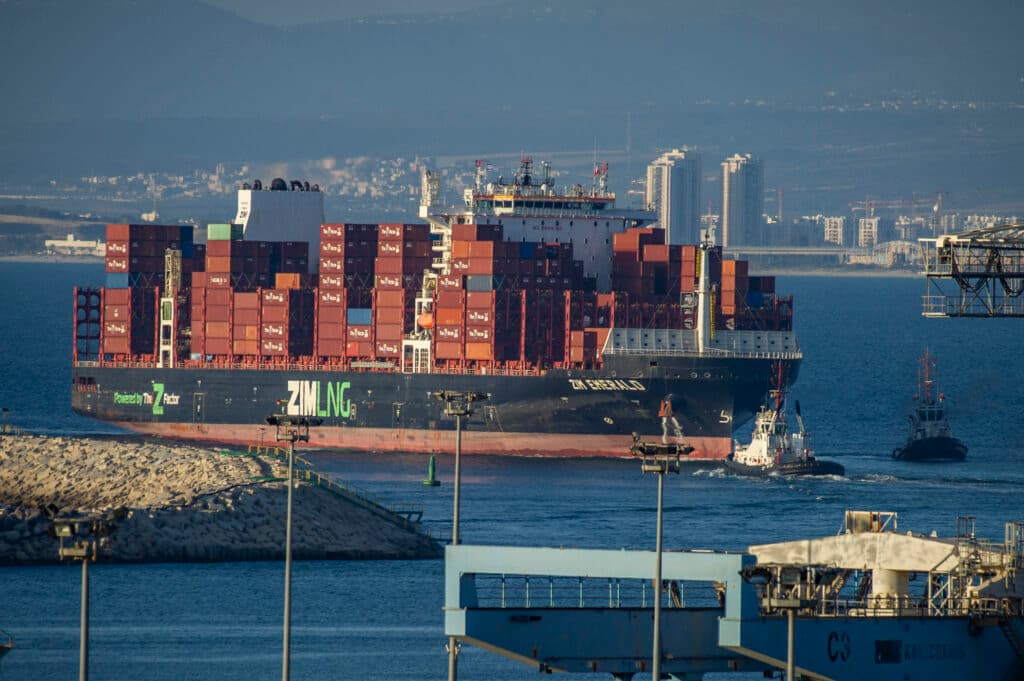 Cargo ships outside the Port of Haifa in northern Israel.