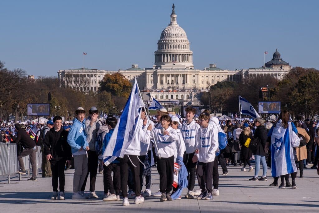 Pro-Israel demonstrators holding Israeli flags near the U.S. Capitol in Washington, D.C.