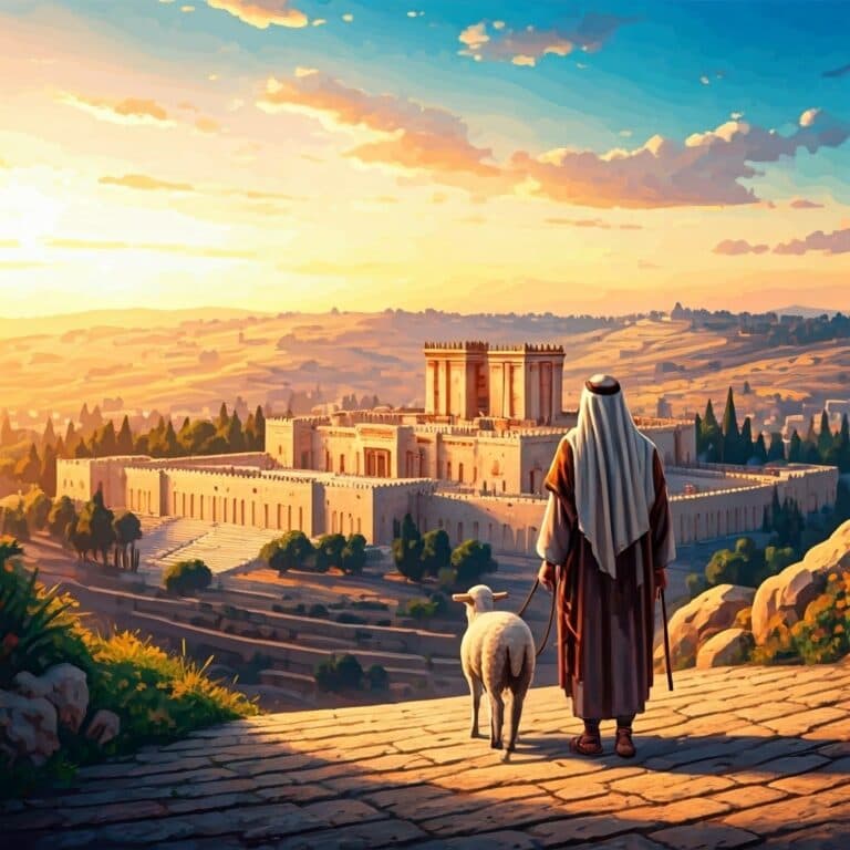 Colored illustration of a man bringing animal for sacrifice at Jerusalem's First Holy Temple