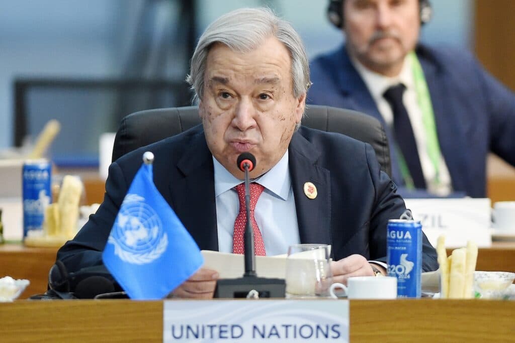 UN Secretary-General António Guterres speaking at a United Nations meeting.