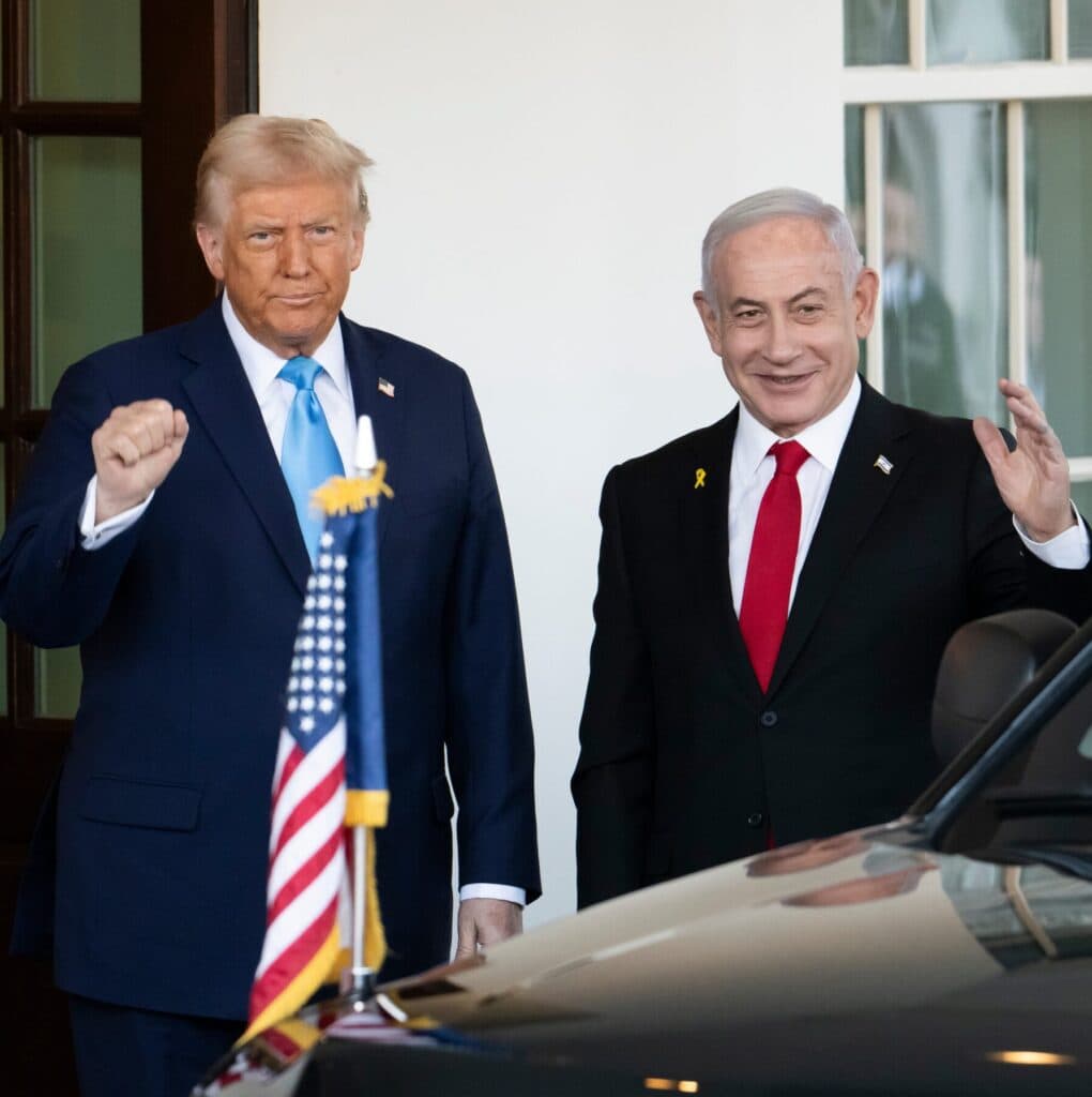 U.S. President Donald Trump greets Israeli Prime Minister Benjamin Netanyahu at the White House.