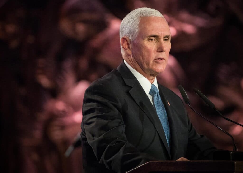 Mike Pence speaks at a podium during the World Holocaust Forum at Yad Vashem in Jerusalem.