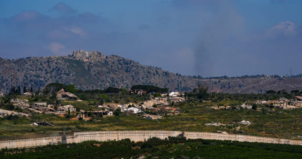 View of Beaufort Castle and destroyed houses in a village in southern Lebanon near the Israeli border.