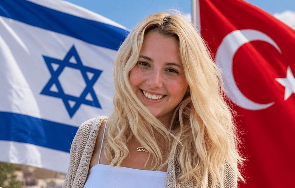 Turku Avci smiling in front of Israeli and Turkish flags.