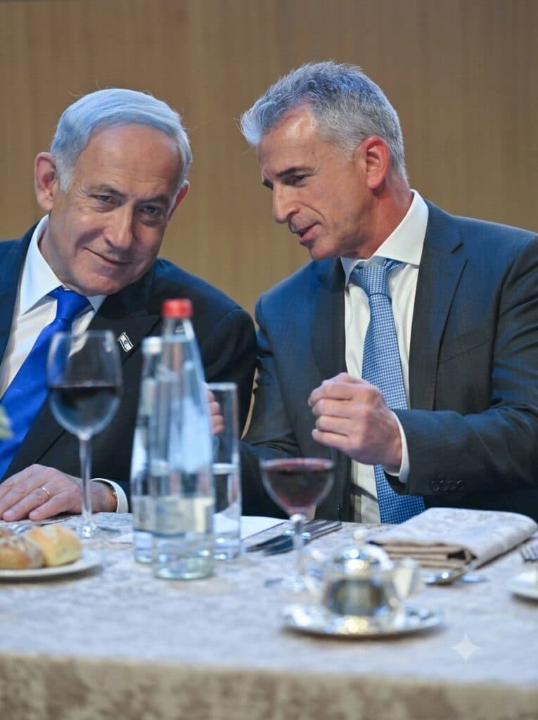 Prime Minister Benjamin Netanyahu speaks with outgoing Mossad chief David Barnea.