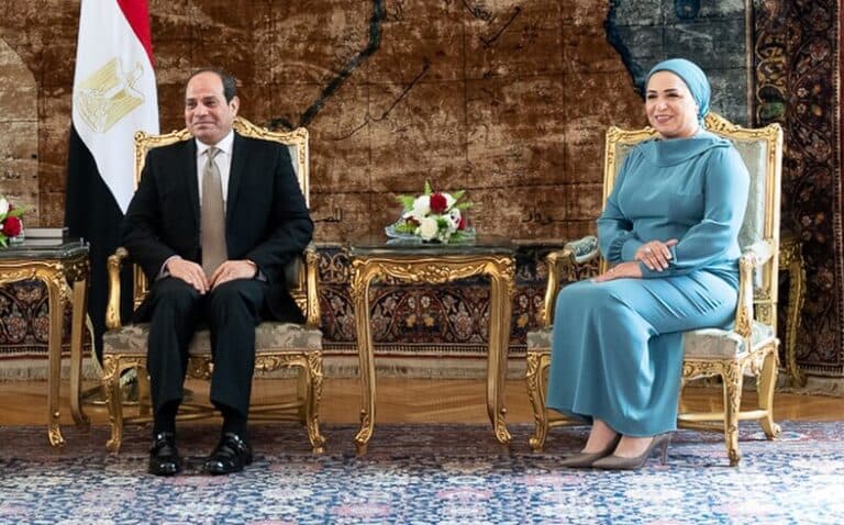 Egyptian President Abdel Fattah El-Sisi and Entissar El-Sisi seated at Ittihadiya Palace in Cairo.