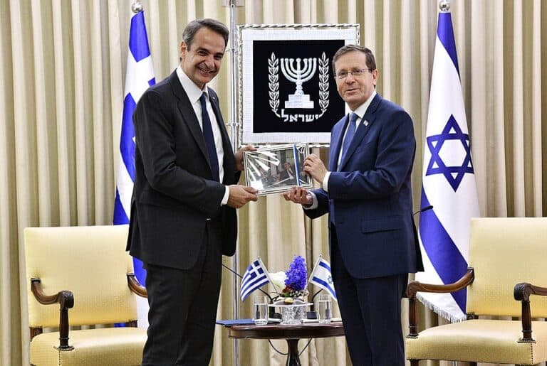 Greek Prime Minister Kyriakos Mitsotakis meets Israeli President Isaac Herzog in Jerusalem.