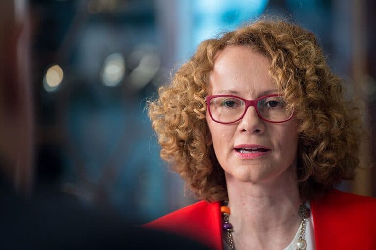 Radmila Šekerinska speaking during a Pentagon visit in Washington, D.C.