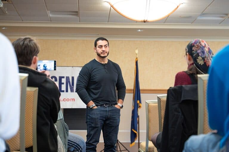 Abdul El-Sayed speaks to voters during a meet-and-greet event at Michigan Technological University.