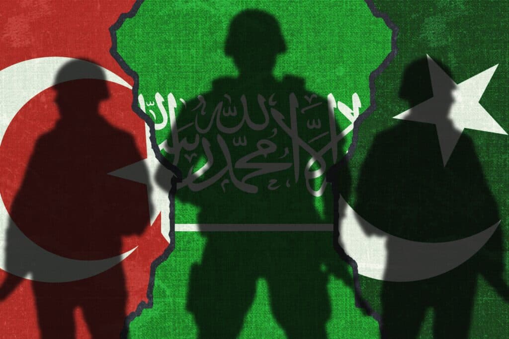 Illustration showing the flags of Turkey, Saudi Arabia, and Pakistan with shadowed soldier figures.
