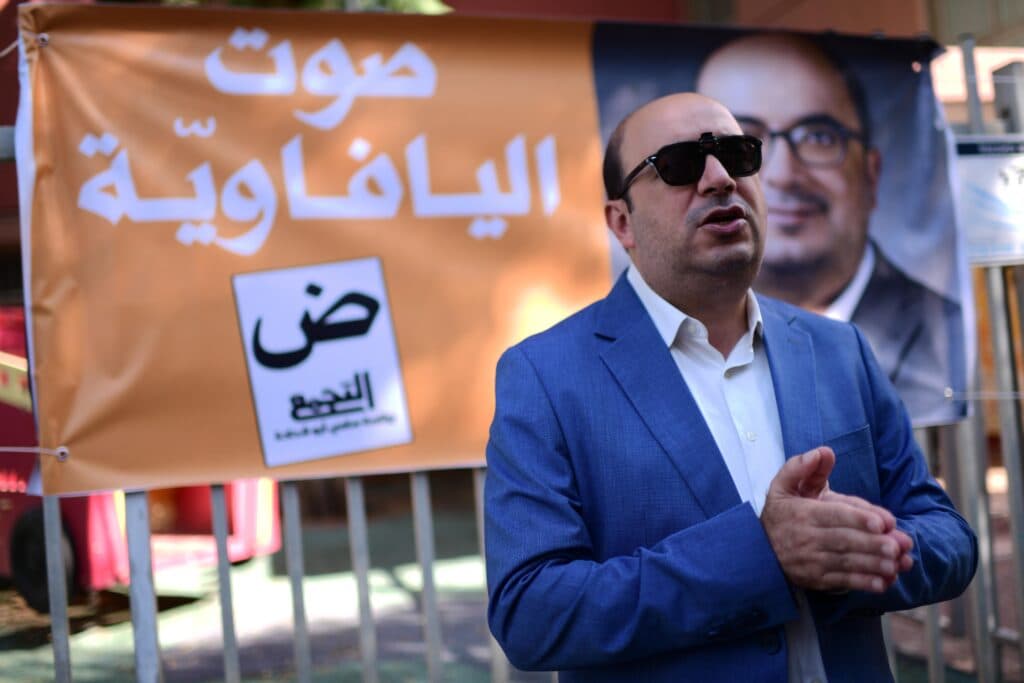 Balad chairman Sami Abu Shehadeh arrives to vote during Israel’s 2022 general election.