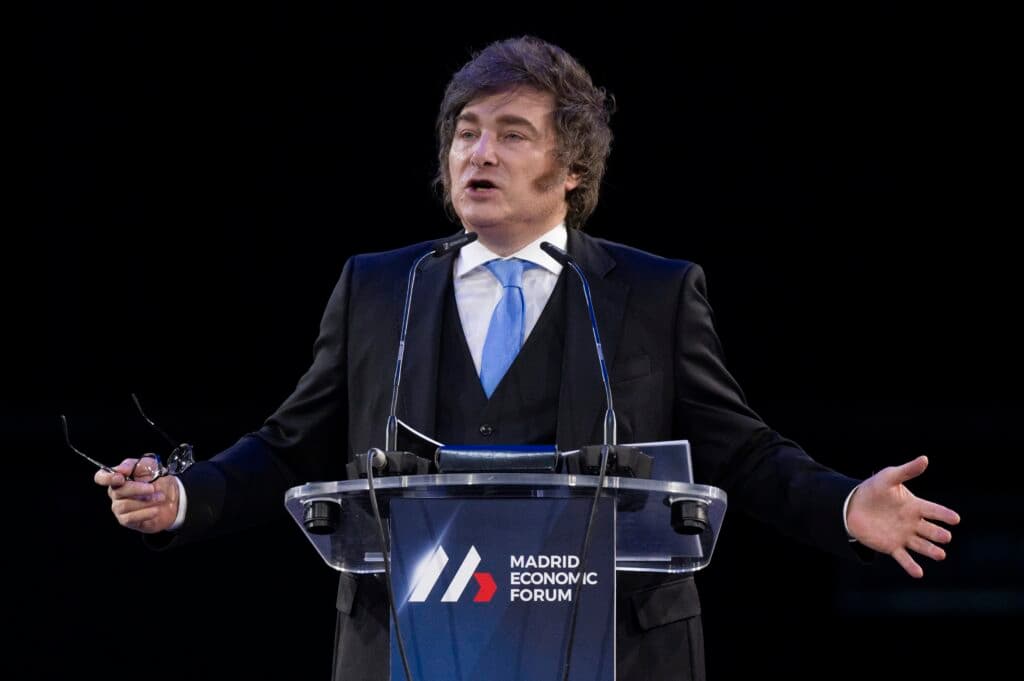 Argentine President Javier Milei speaks at the Madrid Economic Forum in March 2026.