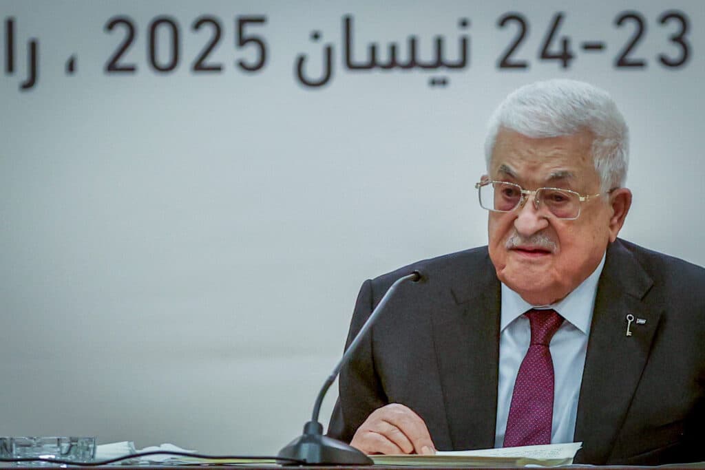 Palestinian Authority President Mahmoud Abbas speaks at a Palestinian Central Council meeting in Ramallah.